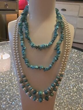 32" Turquoise Endless Bead & 22" Double Strand  PEARL& turquoise Costume Jewelry